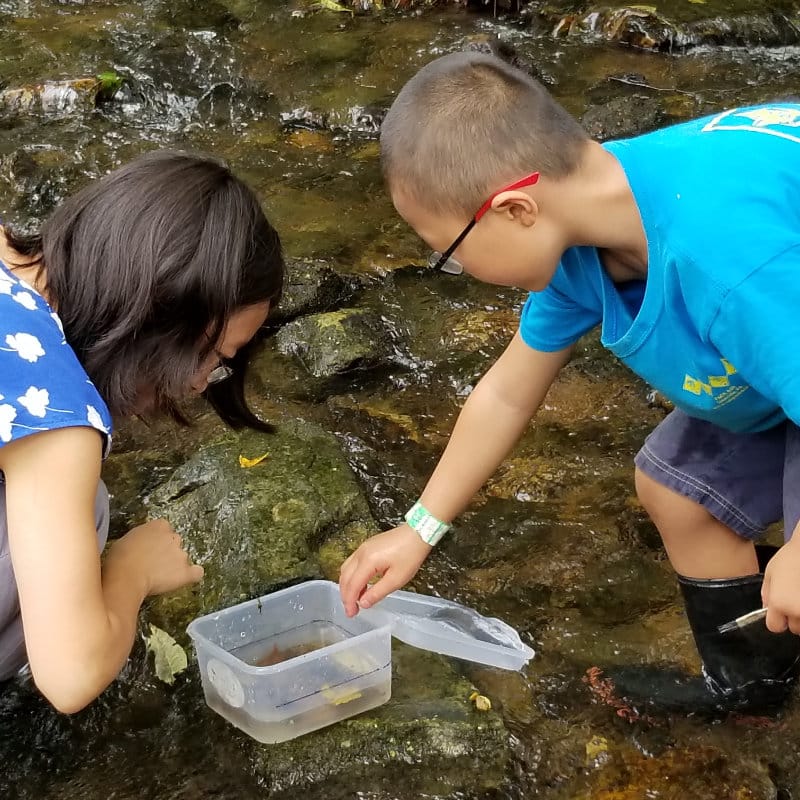 A mother and child collect stream study samples.