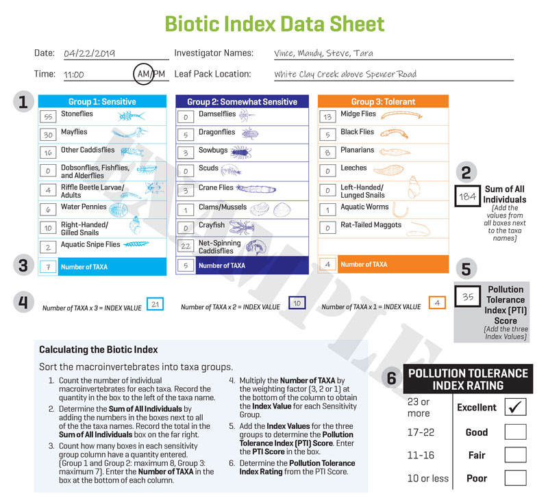 Example Biotic Index Data Sheet from the Leaf Pack Stream Ecology Kit