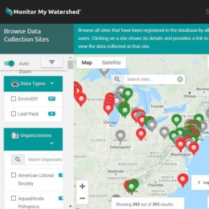 A Monitor My Watershed map showing where leaf pack data has been collected.